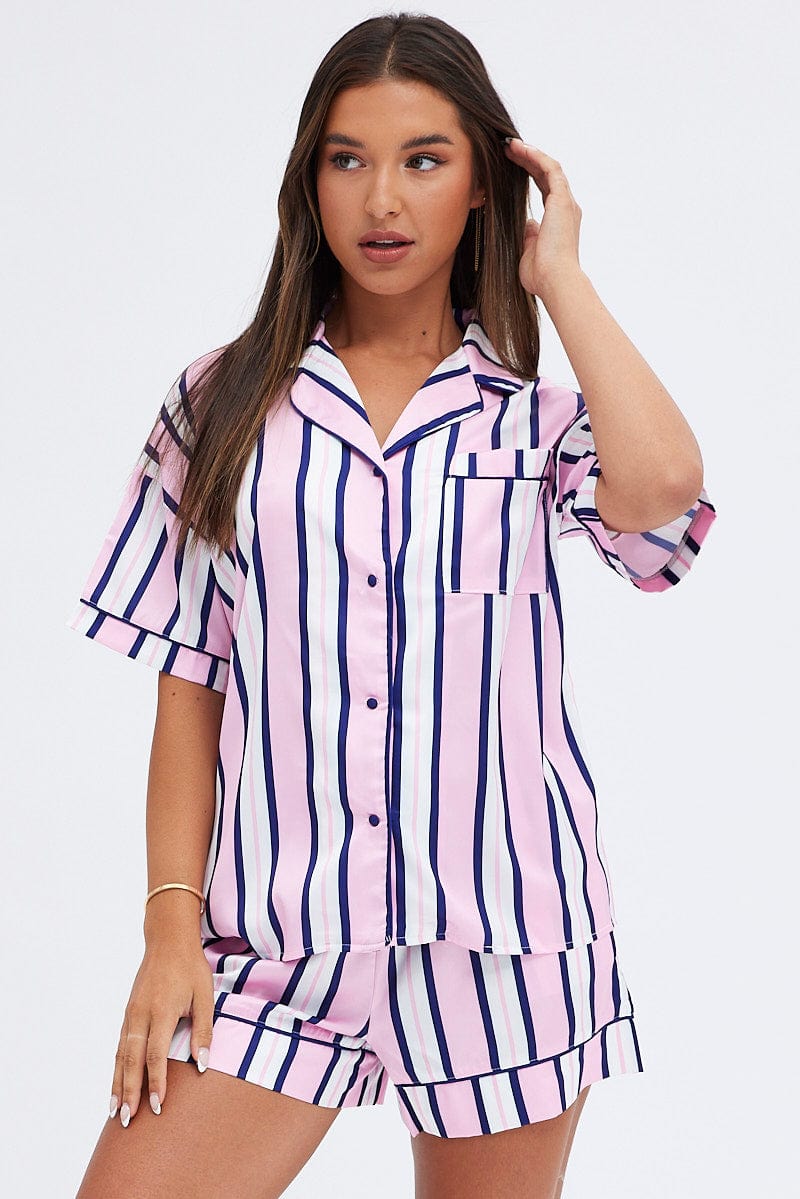 Multi Print Satin Pj Multi Stripe Piping Pyjama Set for Ally Fashion