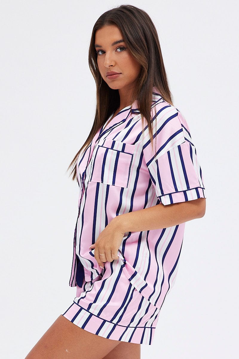 Multi Print Satin Pj Multi Stripe Piping Pyjama Set for Ally Fashion