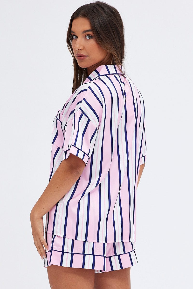 Multi Print Satin Pj Multi Stripe Piping Pyjama Set for Ally Fashion