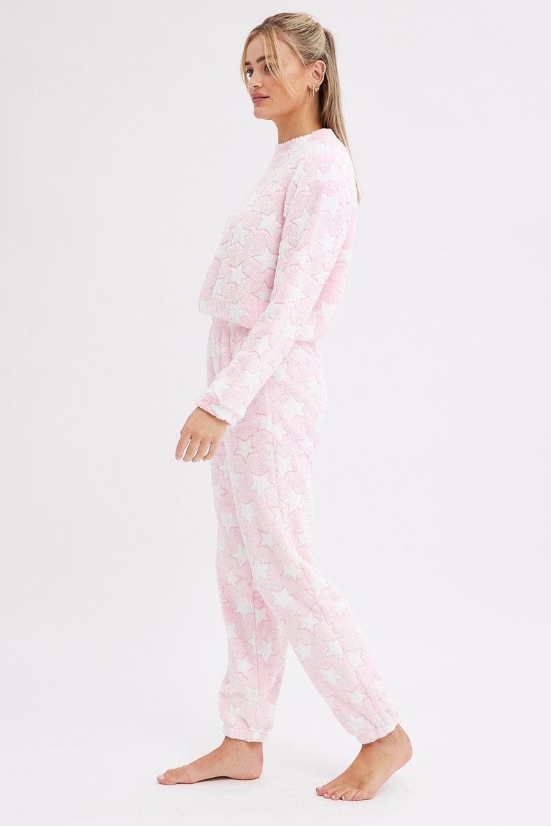 Pink Print Fluffy Pj Star Print Cosy Pyjama Set for Ally Fashion