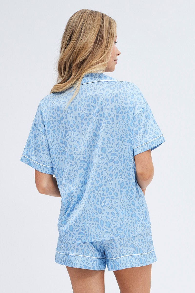 Blue Animal Print Satin Pj Blue Leopard Contrast Piping Pyjama Set for Ally Fashion