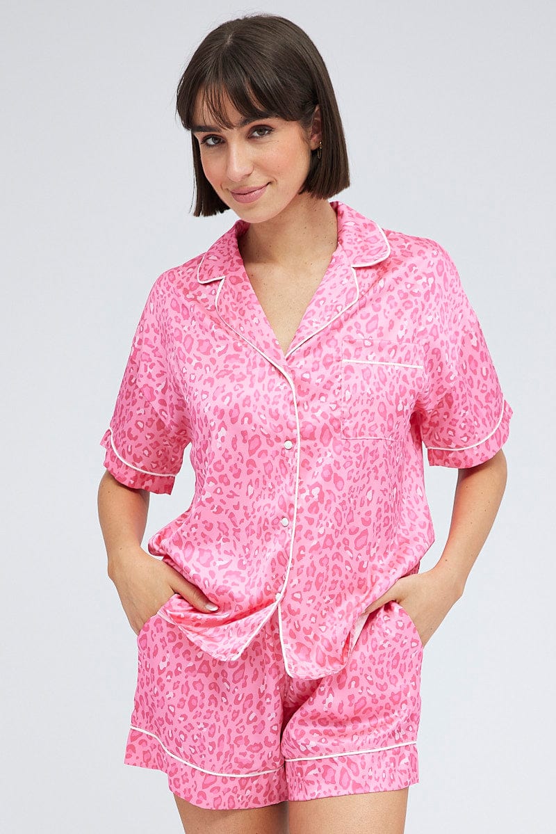 Pink Animal Print Leopard PJ Satin Contrast Piping Pyjama Set for Ally Fashion