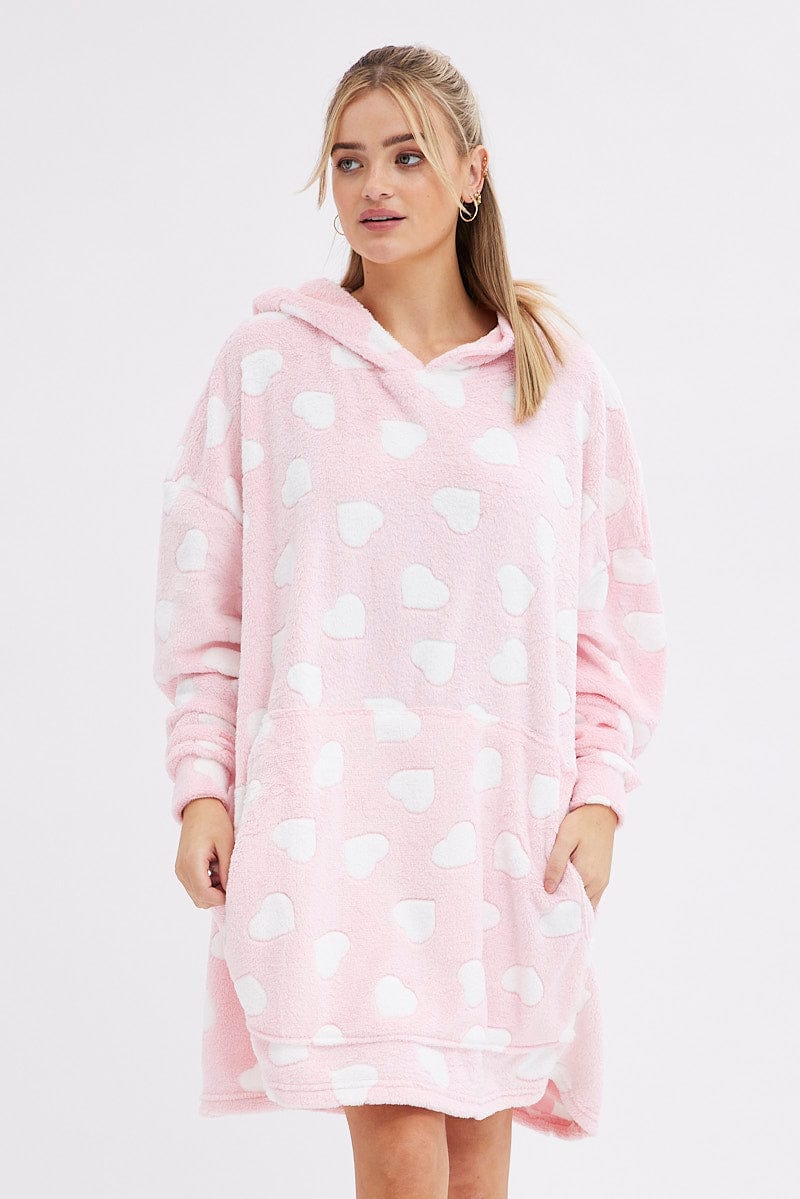 Pink Print Heart Print Cosy Hooded Blanket Hoodie for Ally Fashion