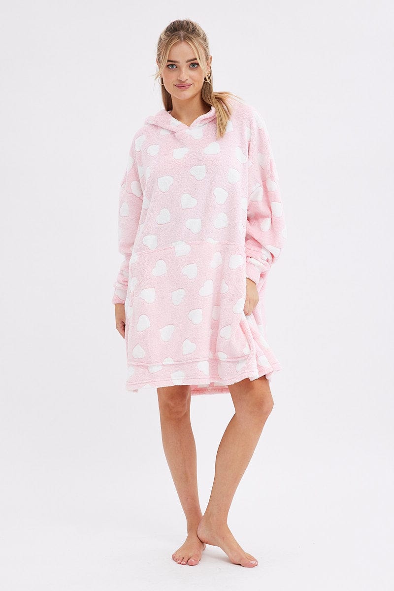 Pink Print Heart Print Cosy Hooded Blanket Hoodie for Ally Fashion