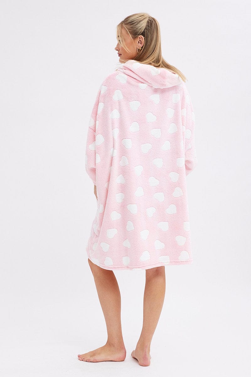 Pink Print Heart Print Cosy Hooded Blanket Hoodie for Ally Fashion