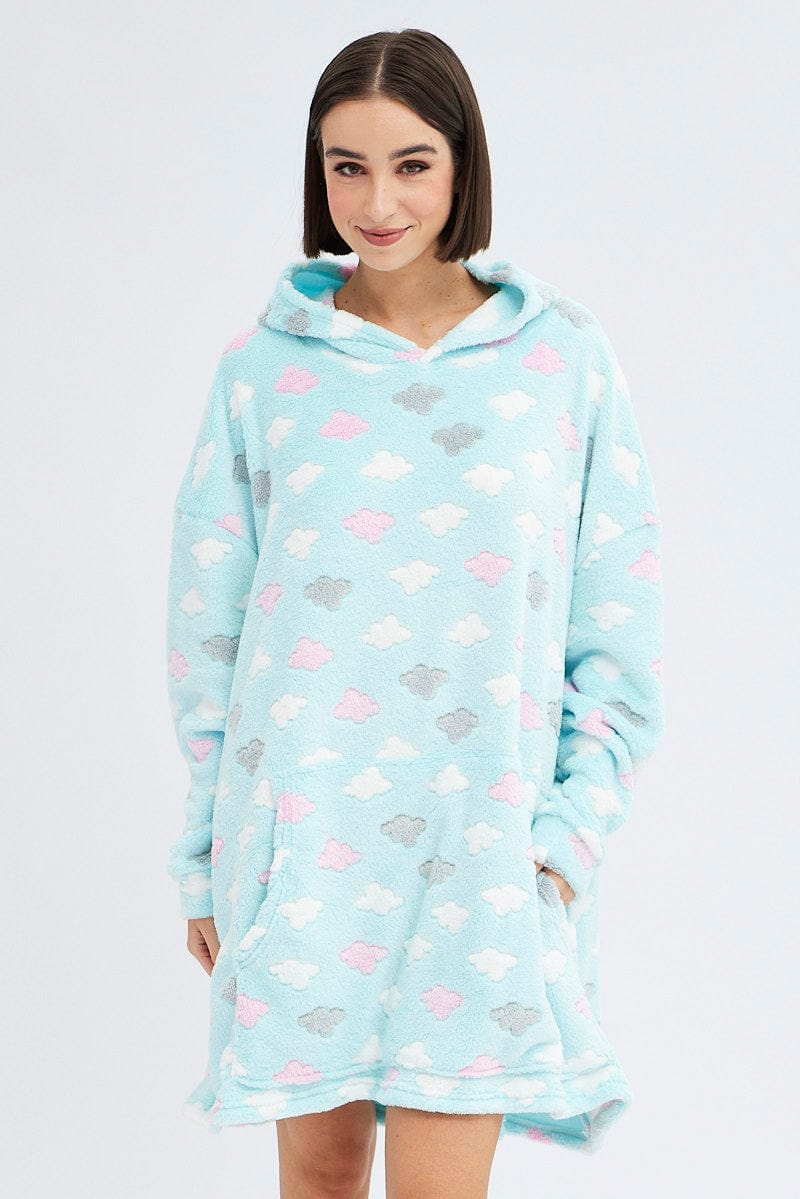 Green Print Cloud Print Cosy Hooded Blanket Hoodie for Ally Fashion