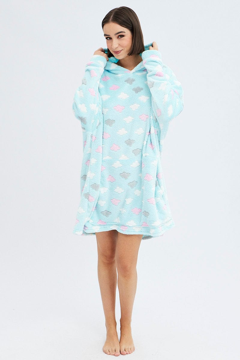 Green Print Cloud Print Cosy Hooded Blanket Hoodie for Ally Fashion