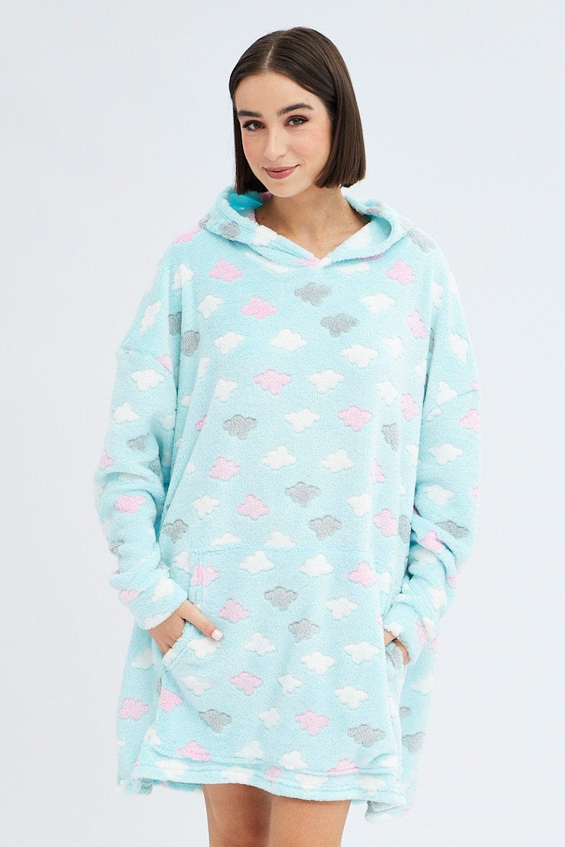 Green Print Cloud Print Cosy Hooded Blanket Hoodie for Ally Fashion