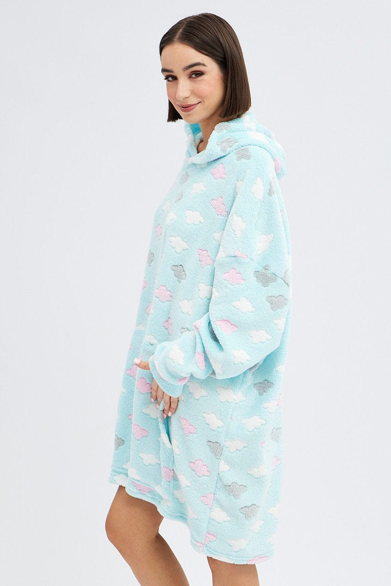 Green Print Cloud Print Cosy Hooded Blanket Hoodie for Ally Fashion