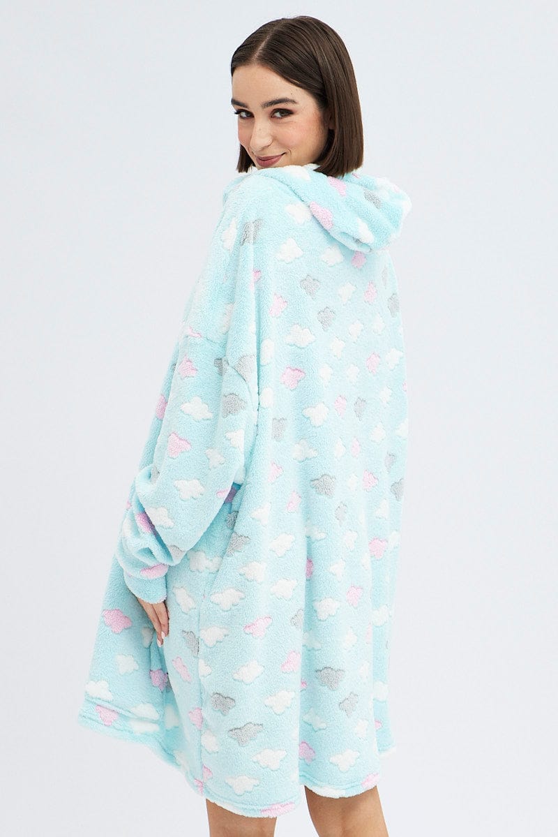 Green Print Cloud Print Cosy Hooded Blanket Hoodie for Ally Fashion