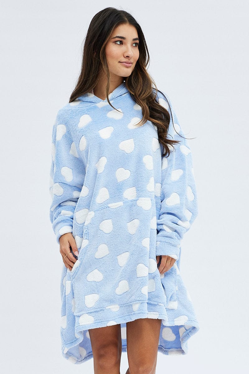 Blue Print Heart Print Cosy Hooded Blanket Hoodie for Ally Fashion