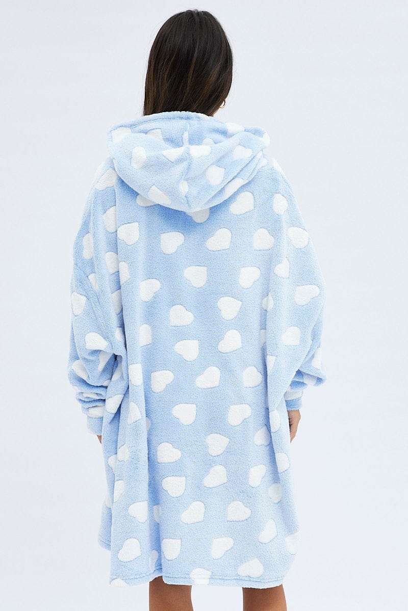 Blue Print Heart Print Cosy Hooded Blanket Hoodie for Ally Fashion