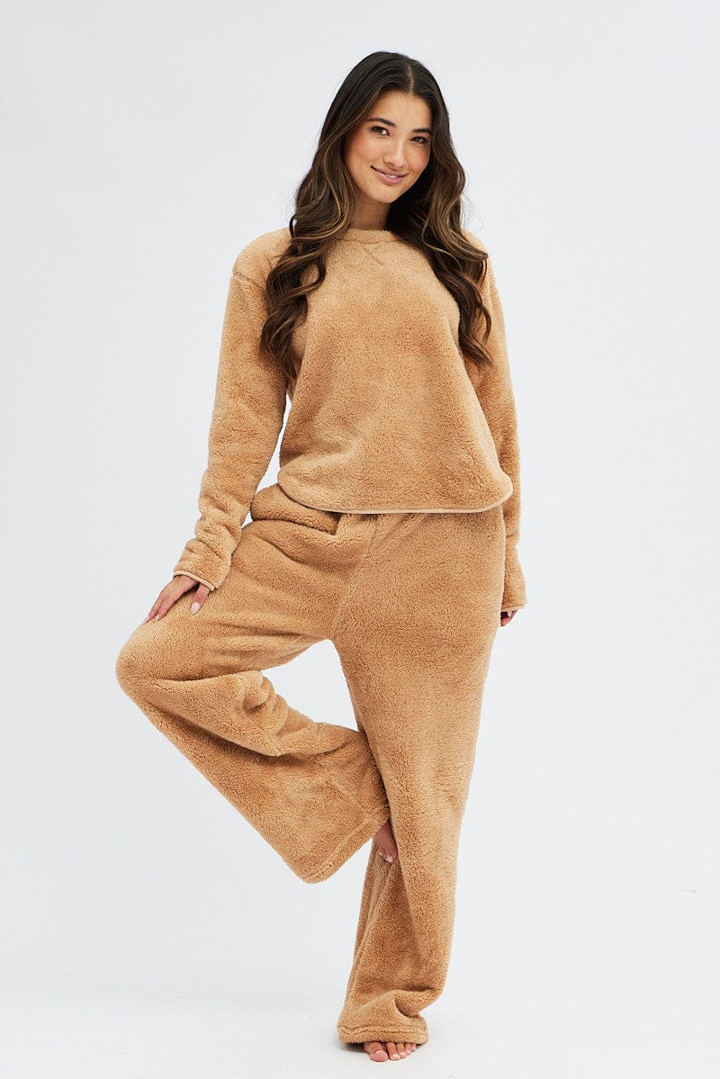 Camel Fluffy PJ Fleece Cosy Pyjama Set for Ally Fashion