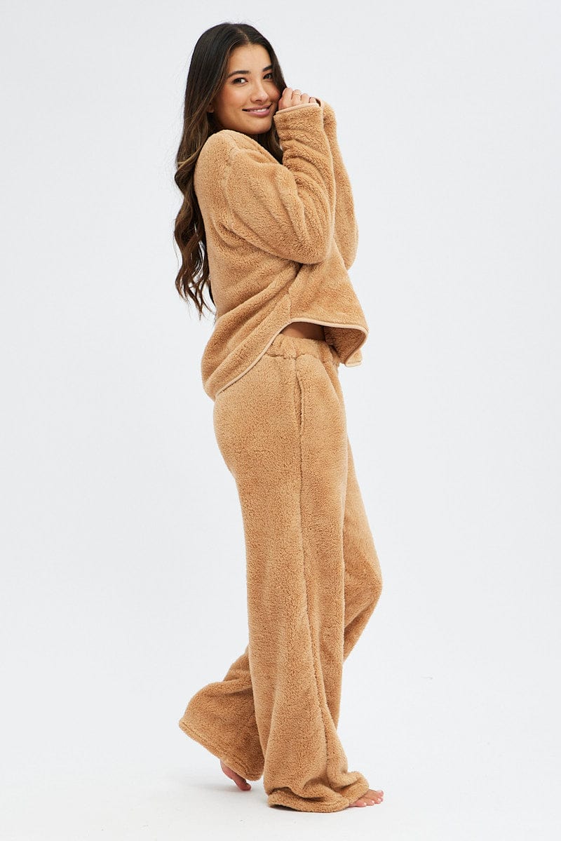 Camel Fluffy PJ Fleece Cosy Pyjama Set for Ally Fashion
