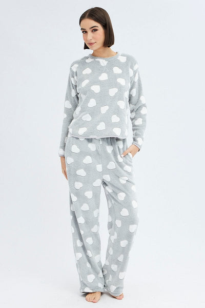 Grey Print Fluffy Pj Mint Cloud Print Cosy Pyjama Set