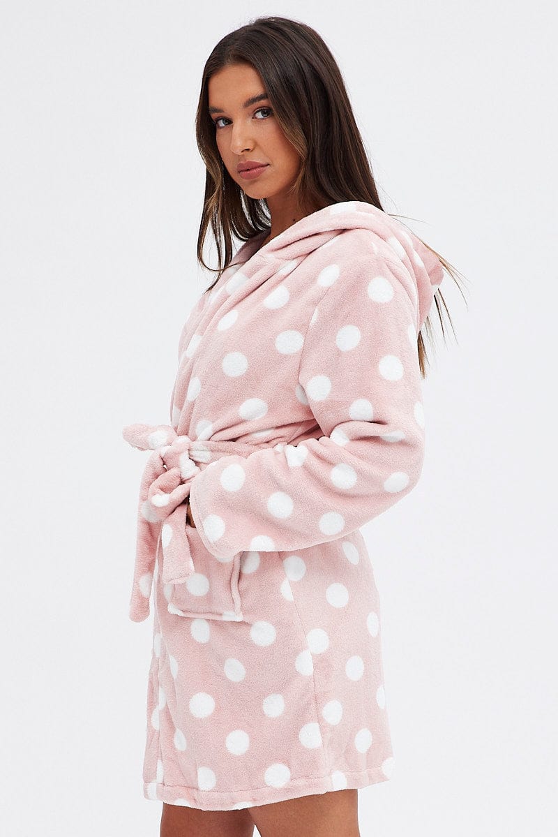 Pink Polka Dot Fleece Robe Spot Dressing Gown for Ally Fashion