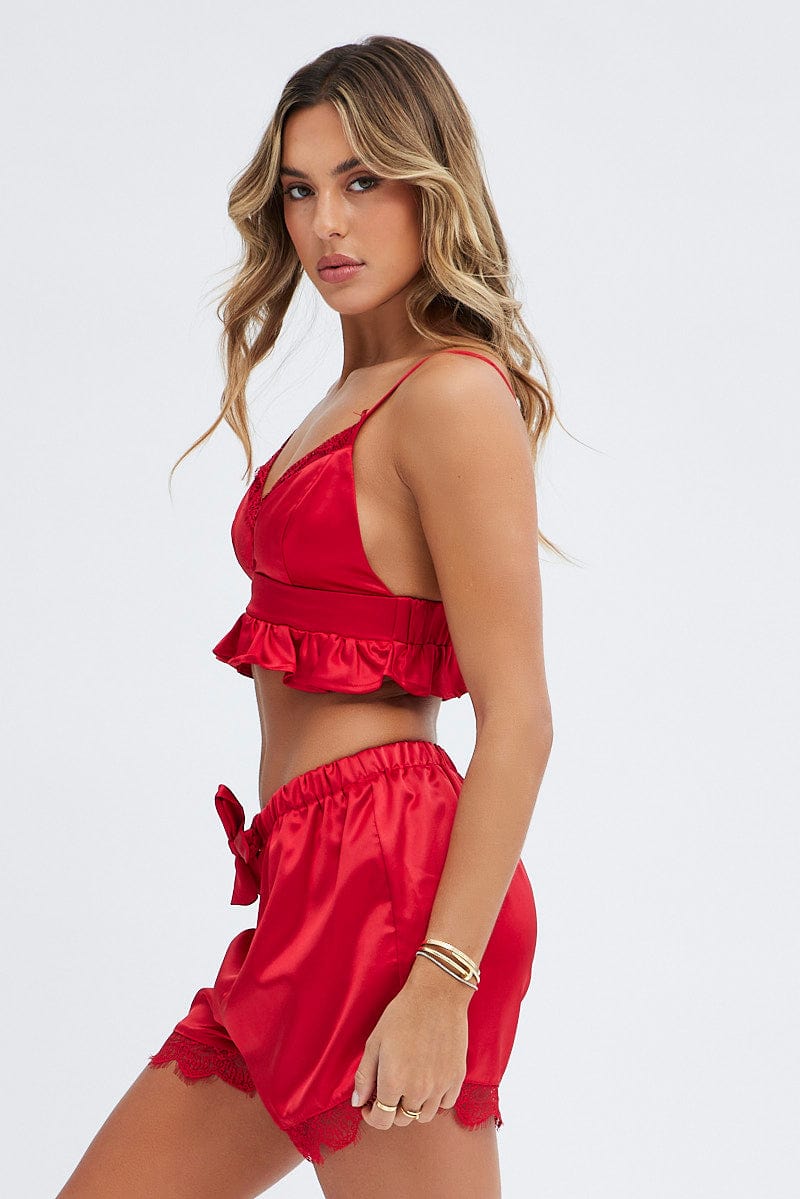 Red Satin PJ Bralette Ruffle Pyjama Set for Ally Fashion
