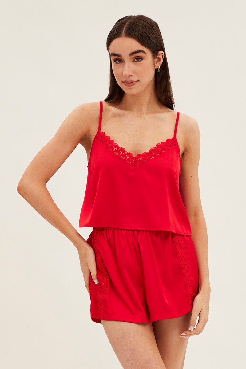 Red Pyjamas Set Sleeveless Cami Shorts Satin | Ally Fashion