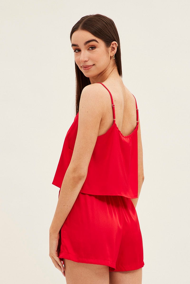 Red Pyjamas Set Sleeveless Cami Shorts Satin | Ally Fashion