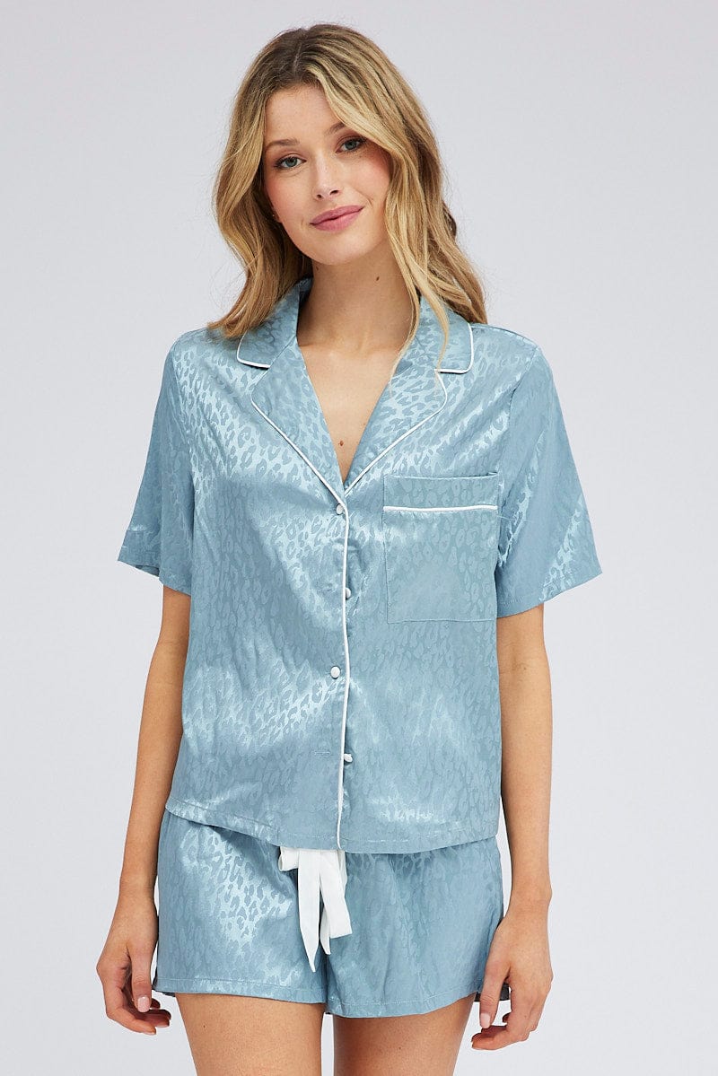 Blue Jacquard Leopard Satin Piping Detail Pyjama Set for Ally Fashion