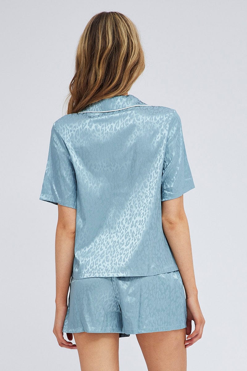 Blue Jacquard Leopard Satin Piping Detail Pyjama Set for Ally Fashion