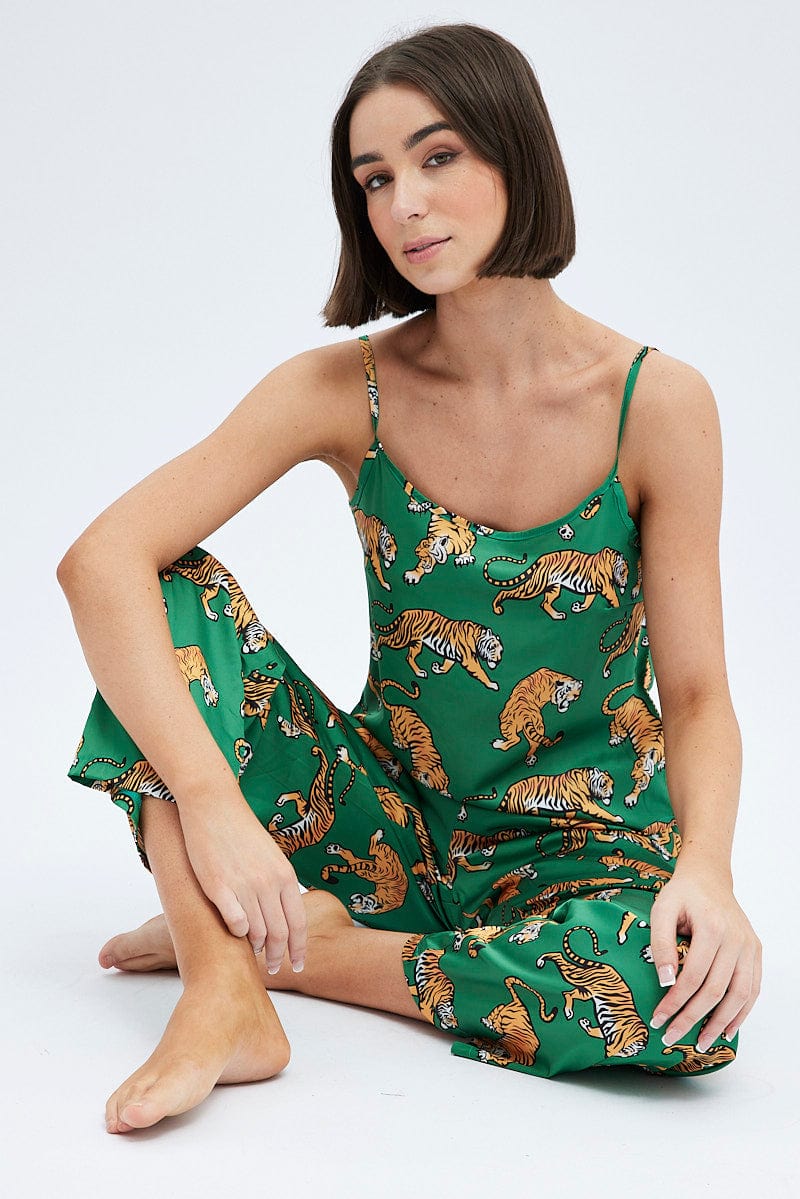 Green Print Tiger PJ Graphic Cami Pyjama Set for Ally Fashion