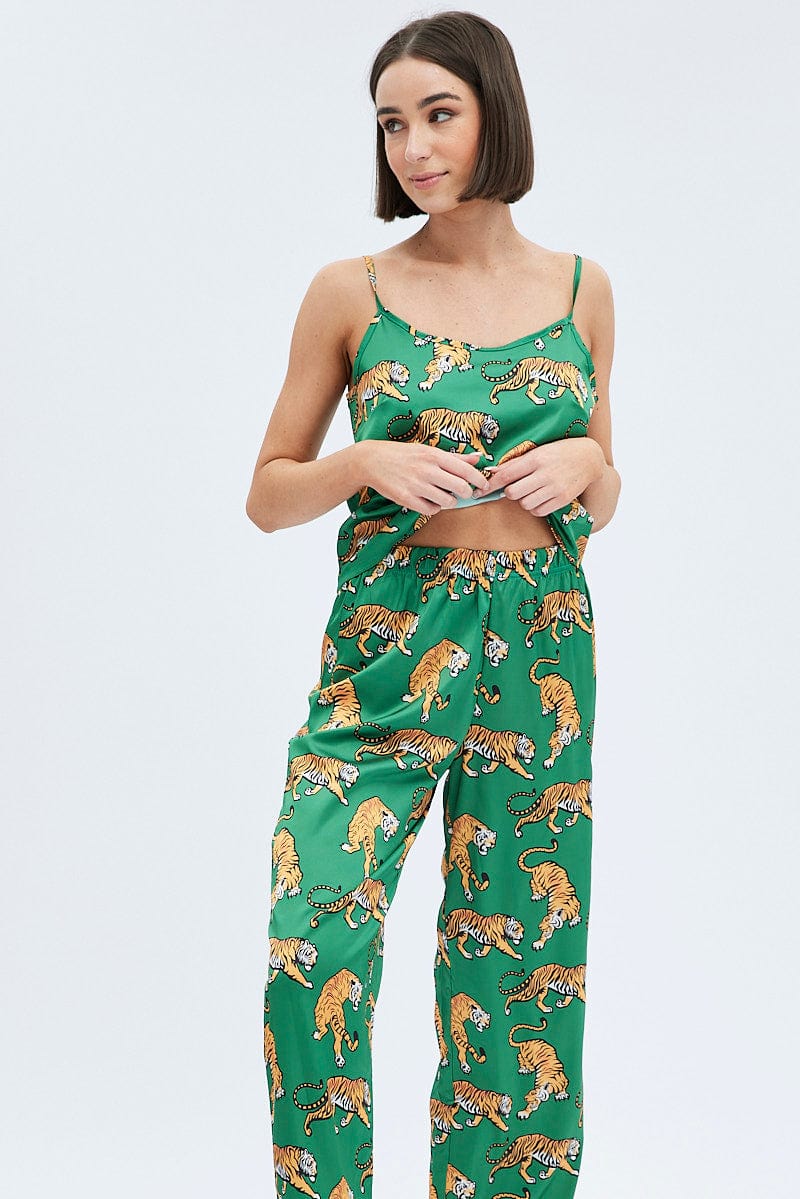 Green Print Tiger PJ Graphic Cami Pyjama Set for Ally Fashion