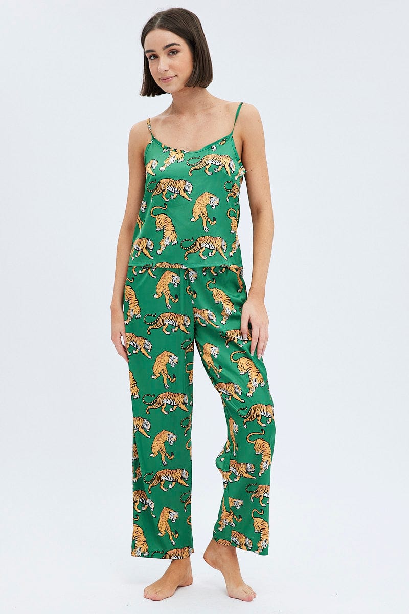 Green Print Tiger PJ Graphic Cami Pyjama Set for Ally Fashion