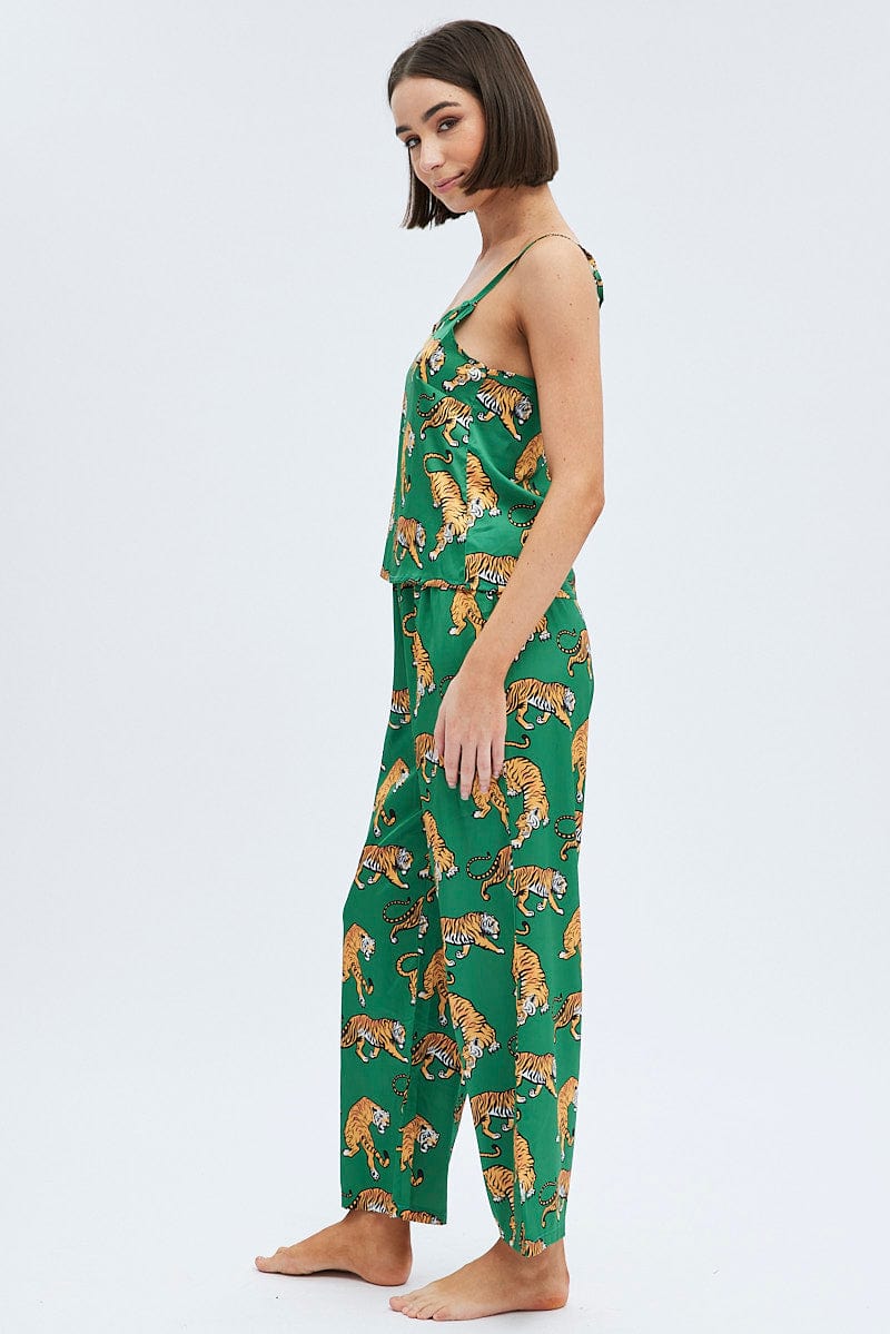 Green Print Tiger PJ Graphic Cami Pyjama Set for Ally Fashion