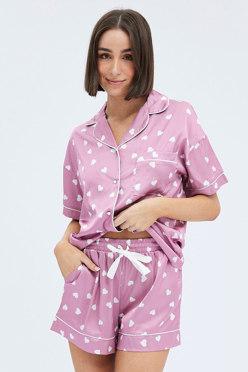 Pink Polka Dot Pink Satin Hearts Contrast Piping Pyjama Set for Ally Fashion