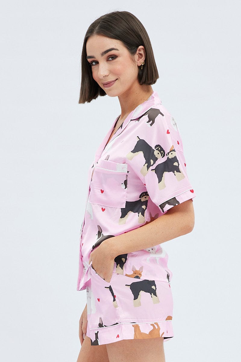 Pink Print Mixed Dogs Pj Satin Piping Detail Pyjama Set for Ally Fashion