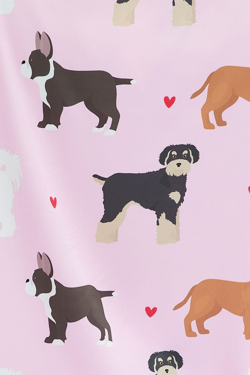 Pink Print Mixed Dogs Pj Satin Piping Detail Pyjama Set for Ally Fashion