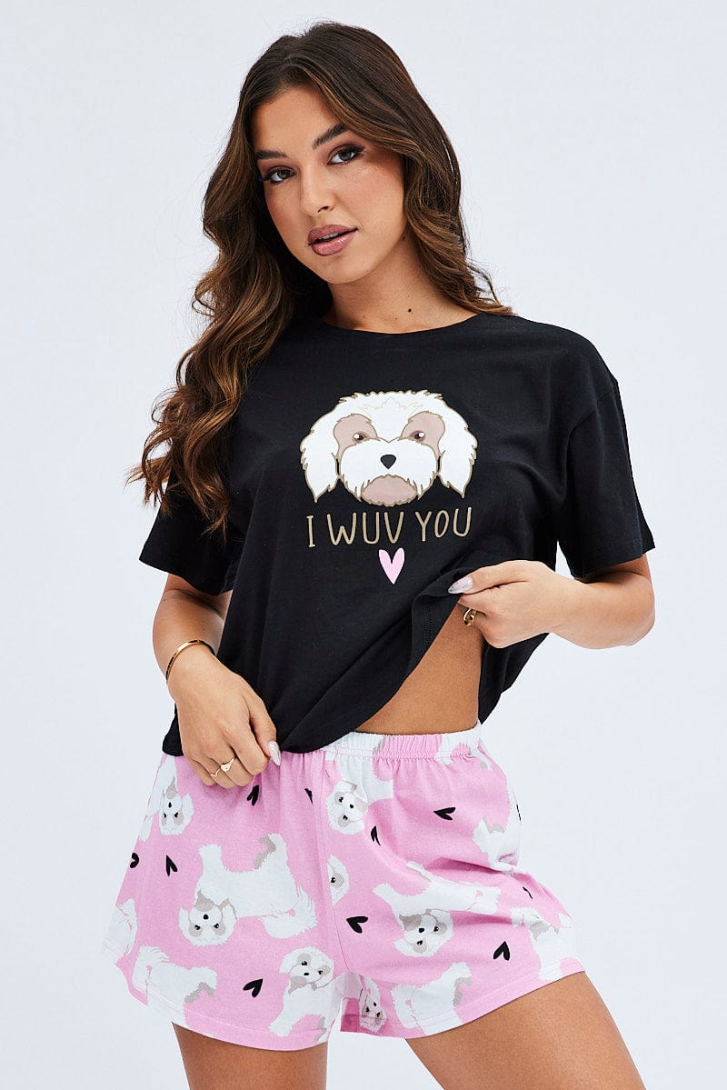 Pink Print Graphic Pj Dog and Hearts Pyjama Set for Ally Fashion