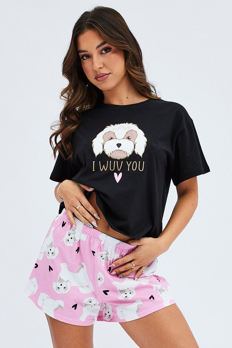 Pink Print Graphic Pj Dog and Hearts Pyjama Set for Ally Fashion