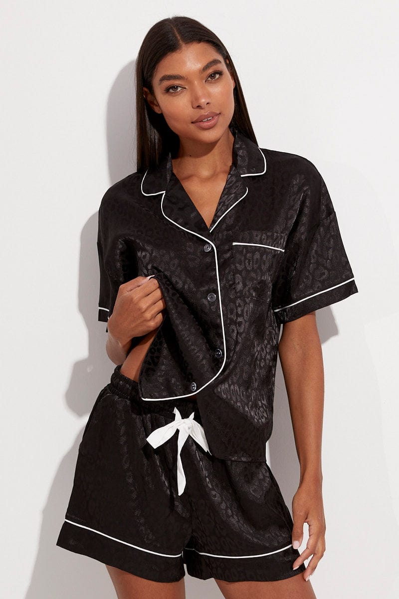 Black Animal Print Animal Pj Jacquard Satin Piping Pyjama Set for Ally Fashion