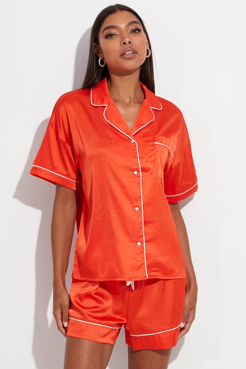 Orange Satin Pj Contrast Piping Button Through Pyjama Set | Ally Fashion