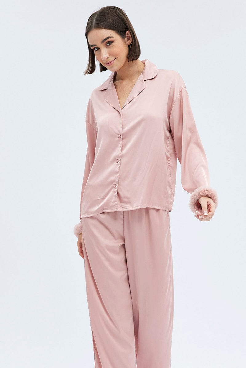 Pink 67 Pyjamas Pink Fur PJ Dusty Pink Satin Fluffy Trim Pyjama Set | Ally Fashion
