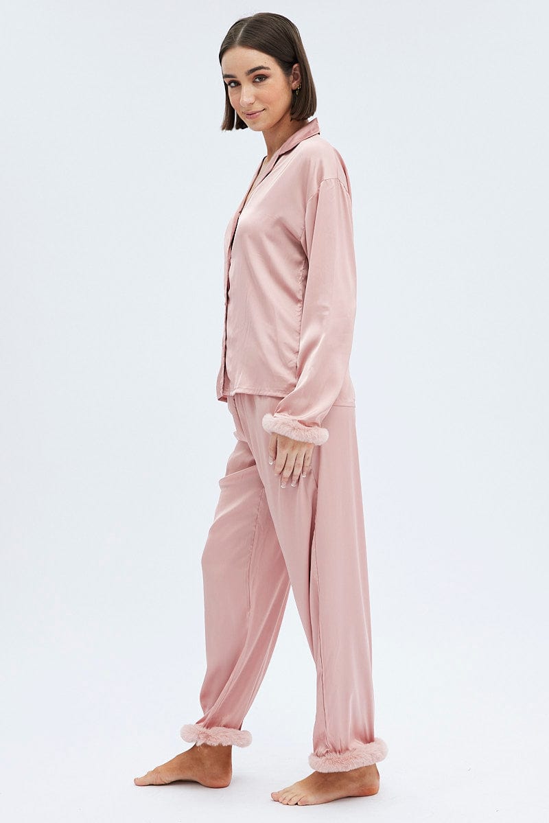 Pink Pyjamas Plt Pink Fur PJ Dusty Pink Satin Fluffy Trim Pyjama Set | Ally Fashion