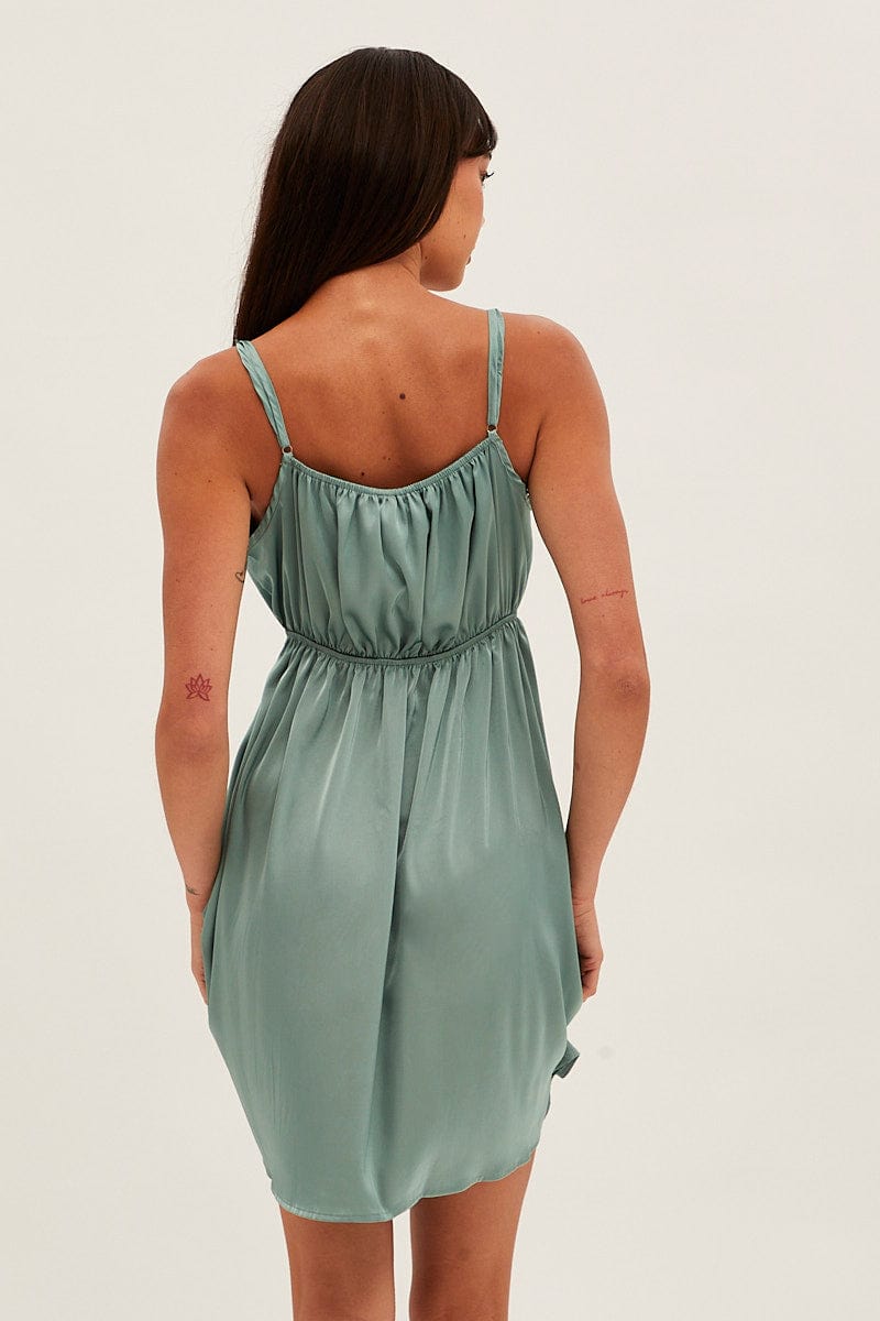 Green Nightie Sleeveless Scoop Necksatin Slip Dress for Ally Fashion