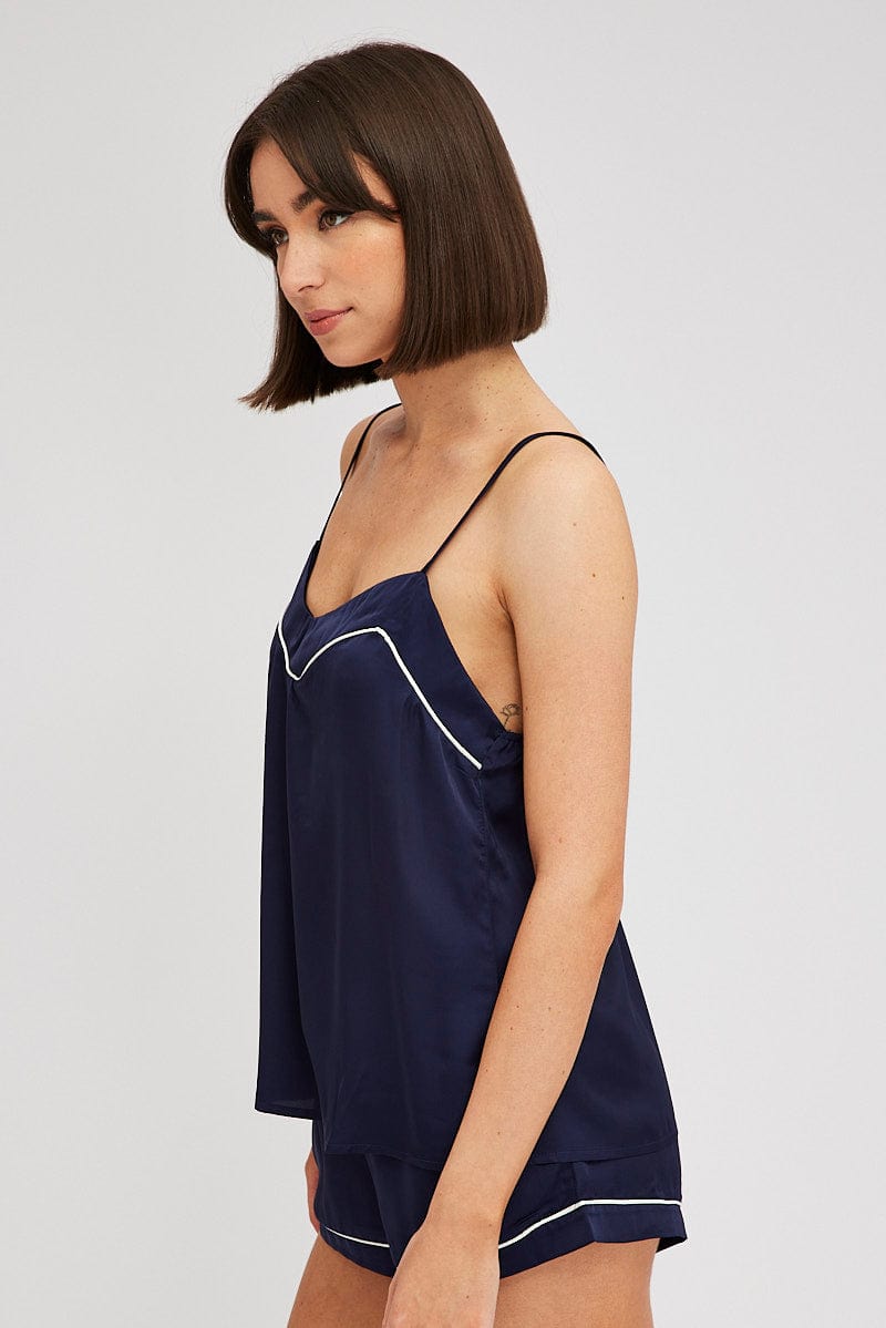 Blue Cami PJ Set Satin Piping Nightwear Pyjama Set for Ally Fashion