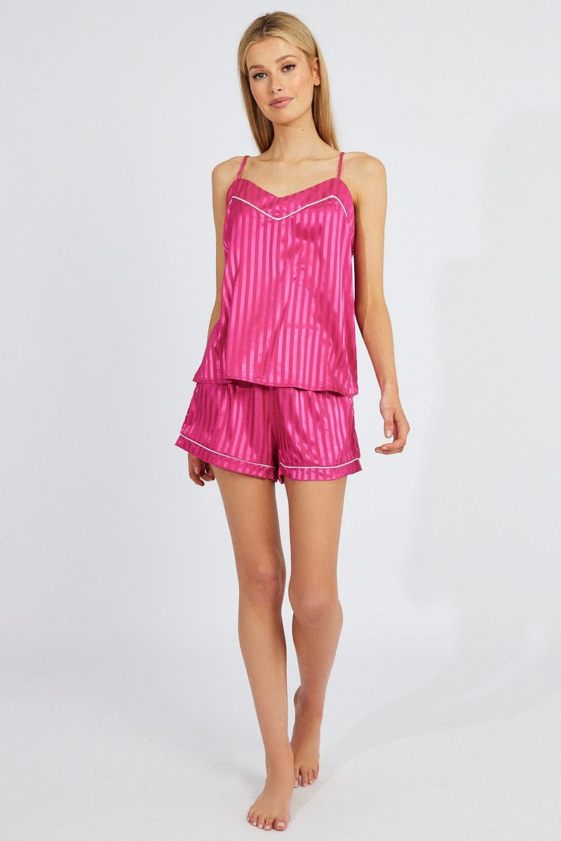 Pink Stripe Cami Set Pyjama Contrast Piping Satin PJ Set for Ally Fashion