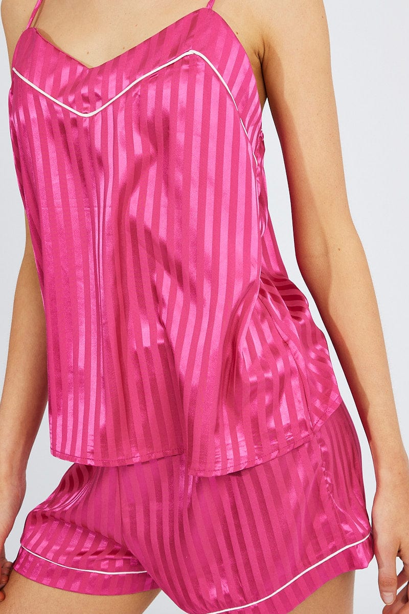 Pink Stripe Cami Set Pyjama Contrast Piping Satin PJ Set for Ally Fashion