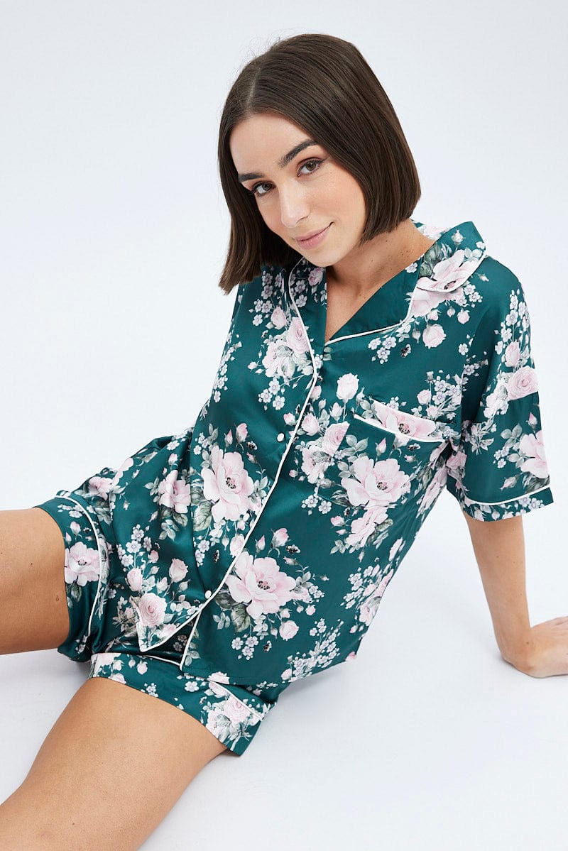 Green Floral Forest PJ Rose Floral Contrast Piping Pyjama Set for Ally Fashion