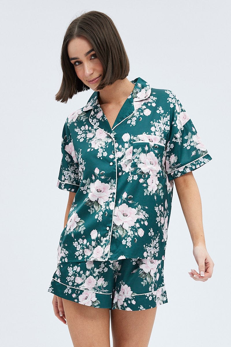 Green Floral Forest PJ Rose Floral Contrast Piping Pyjama Set for Ally Fashion