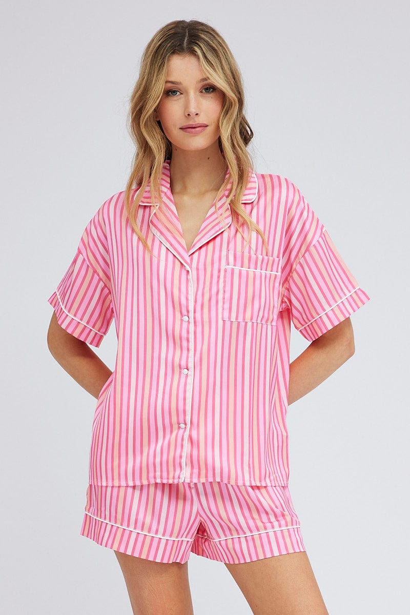 Pink Stripe Stripe PJ Satin Contrast Piping Pyjama Set for Ally Fashion