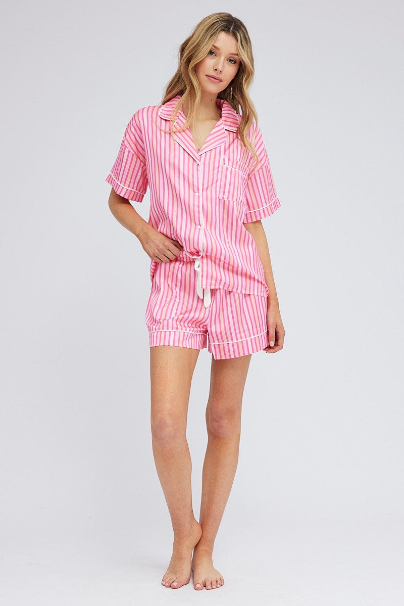 Pink Stripe Stripe PJ Satin Contrast Piping Pyjama Set for Ally Fashion