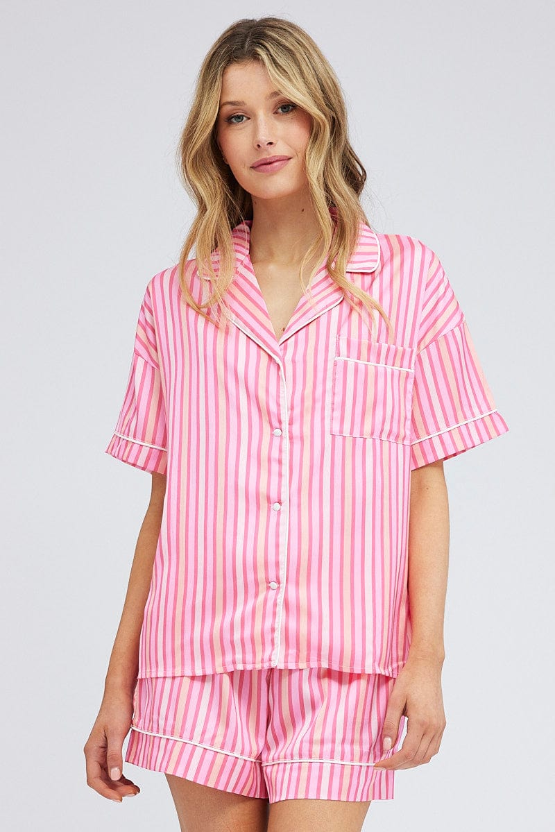 Pink Stripe Stripe PJ Satin Contrast Piping Pyjama Set for Ally Fashion