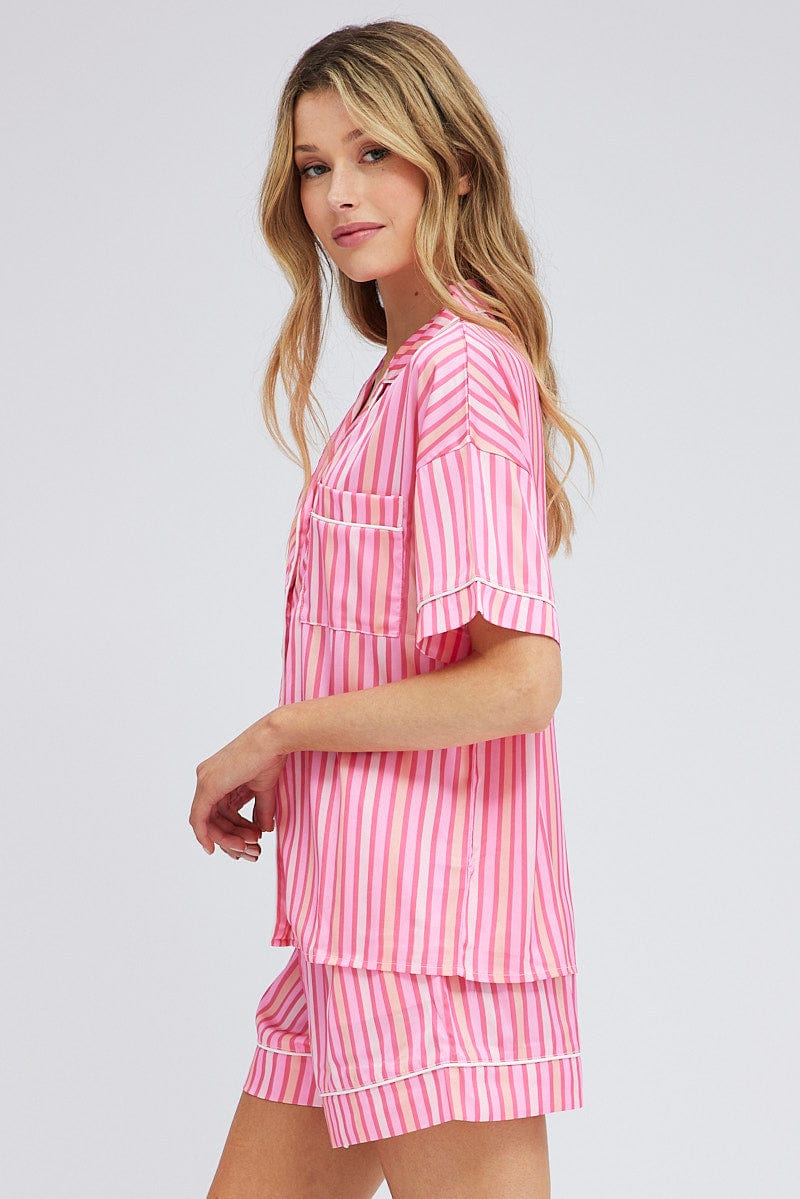 Pink Stripe Stripe PJ Satin Contrast Piping Pyjama Set for Ally Fashion