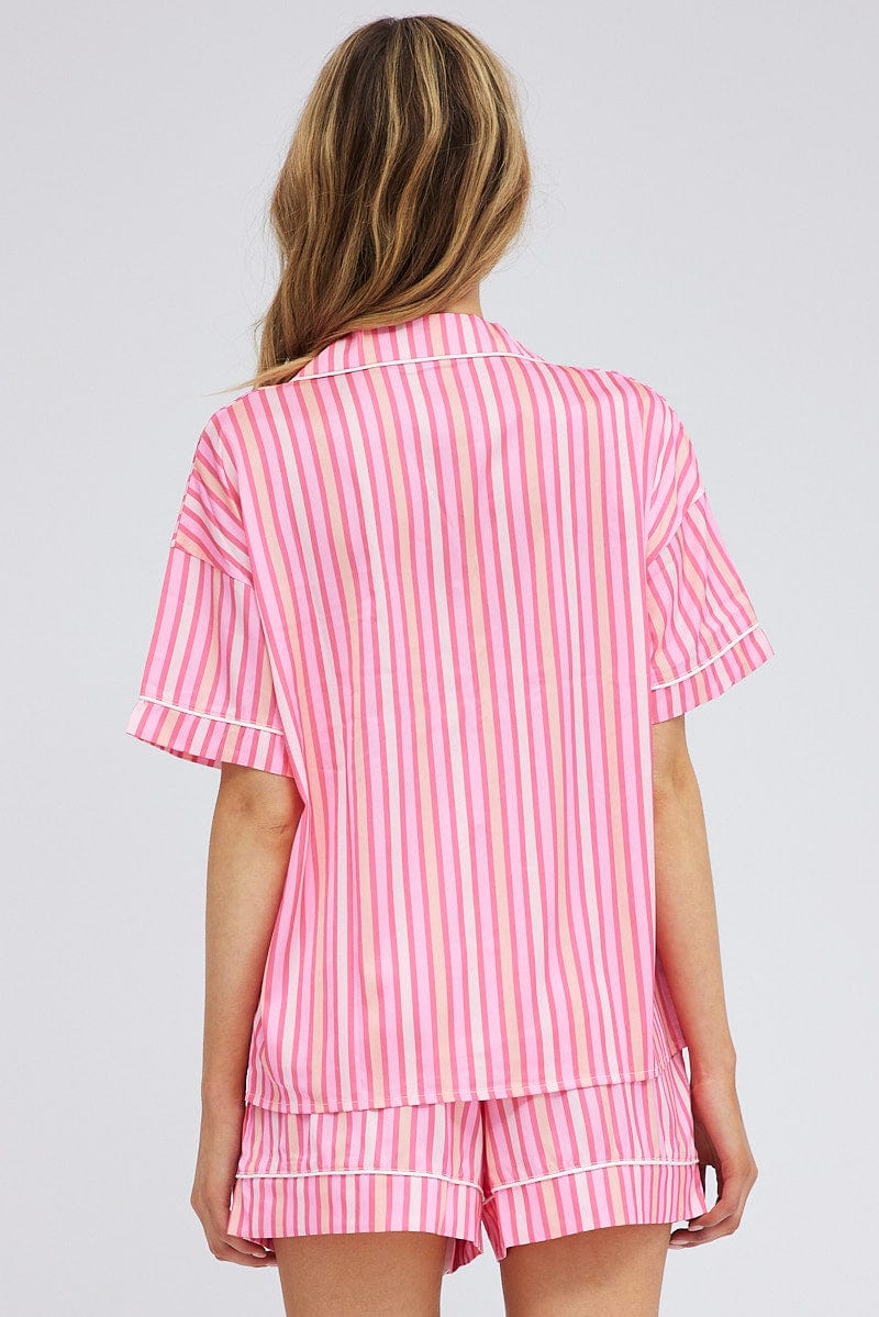 Pink Stripe Stripe PJ Satin Contrast Piping Pyjama Set for Ally Fashion