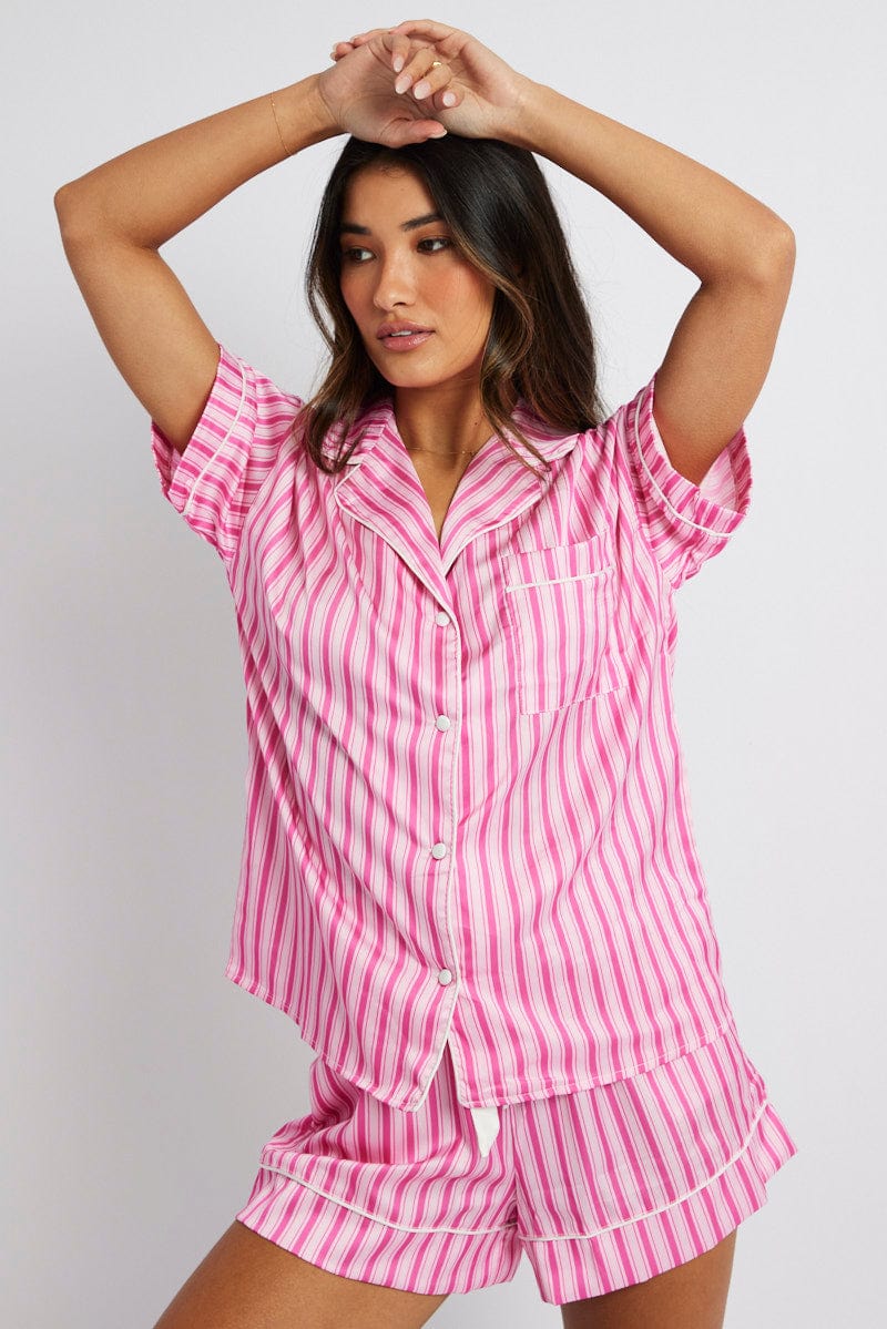 Pink Stripe Pyjama Set Multi Stripe Satin Piping PJ for Ally Fashion